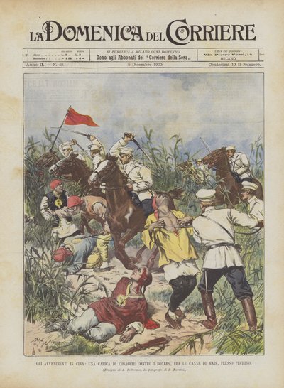 Les événements en Chine, une charge de cosaques contre les Boxers, parmi les champs de maïs, près de Pékin - Achille Beltrame