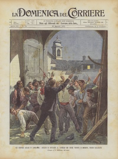 Les grèves agricoles en Lombardie, assaut des paysans au château des ducs Visconti de Modrone, près de Gallarate - Achille Beltrame