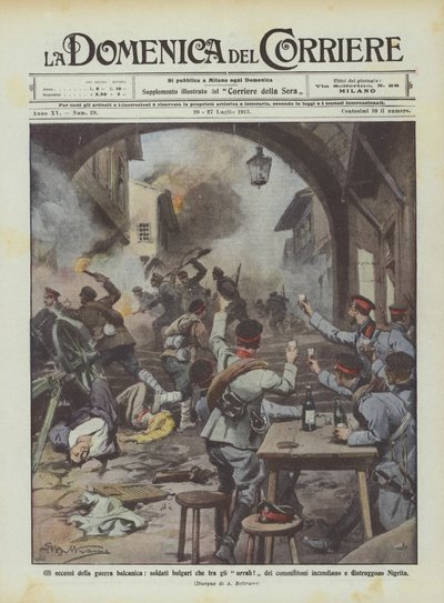 Les excès de la guerre balkanique, soldats bulgares incendiant sous les acclamations de leurs camarades - Achille Beltrame