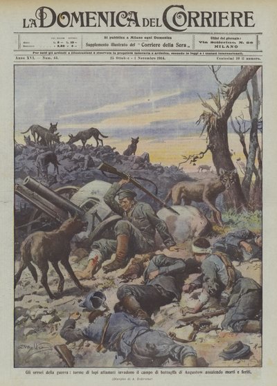 Horreurs de la guerre, hordes de loups affamés envahissant le champ de bataille d