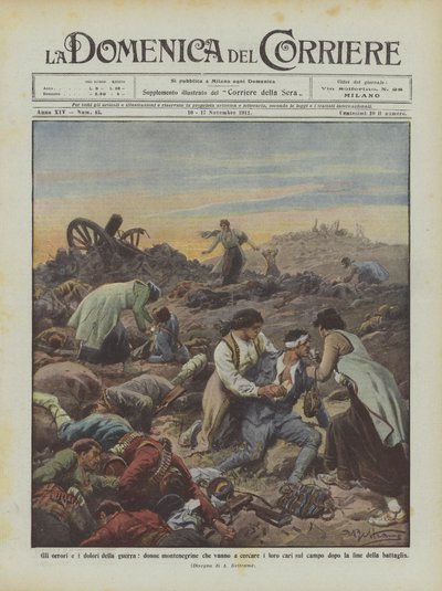 Les horreurs et les douleurs de la guerre, des femmes monténégrines cherchant leurs proches sur le champ... - Achille Beltrame