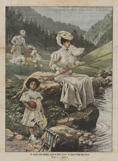Les loisirs de la famille royale dans la vallée de Gesso, la reine Hélène à la pêche - Achille Beltrame