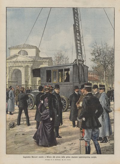 Guglielmo Marconi assiste à Milan aux essais de la première station radiotélégraphique mobile - Achille Beltrame