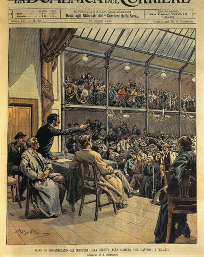 Comment organiser des grèves, session de la Chambre du Travail à Milan, illustration par Achille Beltrame de La Domenica del Corriere, 23 mars - Achille Beltrame