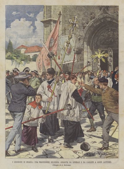 Les désordres en Espagne, une procession religieuse attaquée par des libéraux et des carlistes à Gijón (Asturies) - Achille Beltrame