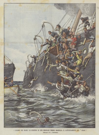 Les drames de la mer, la collision de deux navires près de Marseille et le naufrage du Liban - Achille Beltrame