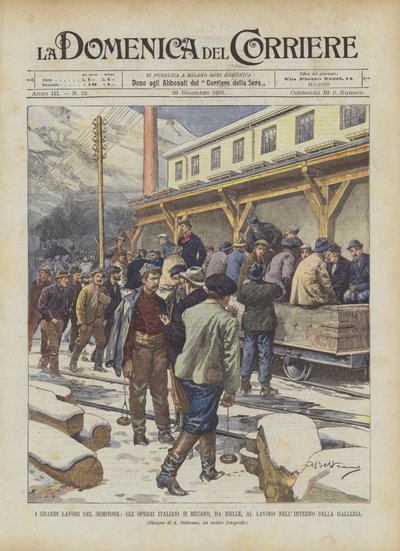 Les grands travaux du Simplon, les ouvriers italiens se rendent, depuis Iselle, au travail dans la galerie - Achille Beltrame