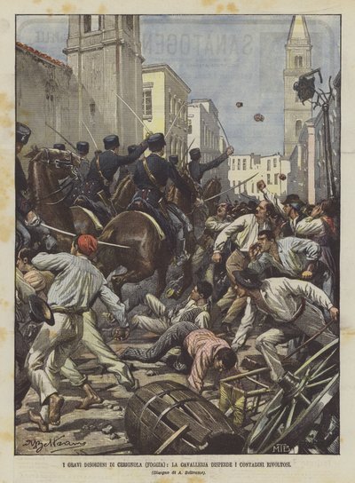 Les graves désordres de Cerignola (Foggia), la cavalerie disperse les paysans révoltés - Achille Beltrame