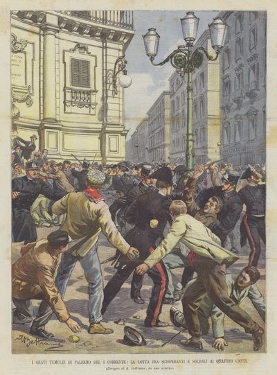 Les graves émeutes de Palerme du 3 courant, la lutte entre grévistes et soldats aux Quattro Canti - Achille Beltrame