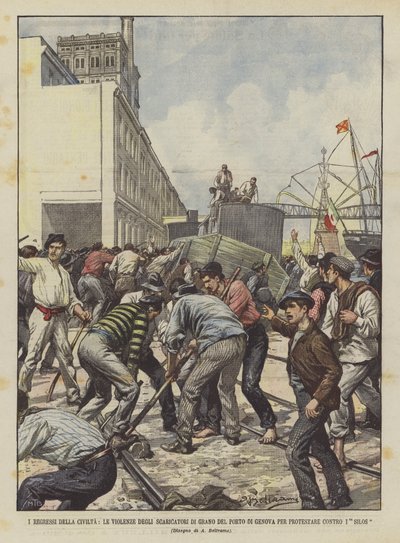 Les régressions de la civilisation, les violences des débardeurs de grain du port de Gênes pour protester contre les silos - Achille Beltrame