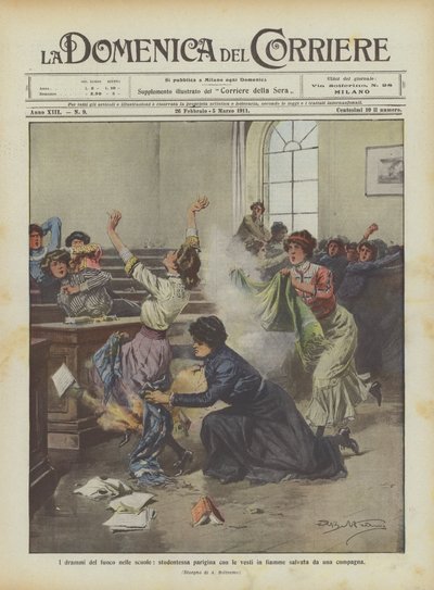Les drames du feu dans les écoles, une étudiante parisienne avec ses vêtements en flammes sauvée par une camarade - Achille Beltrame