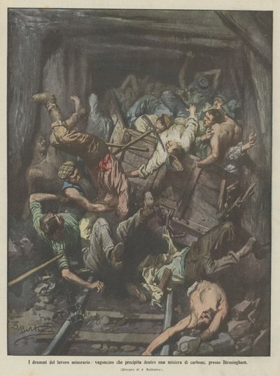 Les drames du travail minier, wagonnet tombant dans une mine de charbon, près de Birmingham - Achille Beltrame