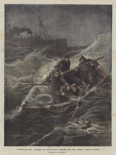 Les drames de la mer, chaloupe avec cinq marins engloutis par les vagues, près du port de Venise - Achille Beltrame