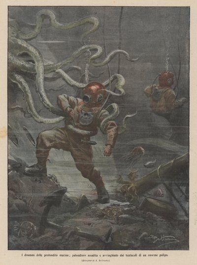 Les drames des profondeurs marines, plongeur attaqué et enlacé par les tentacules d