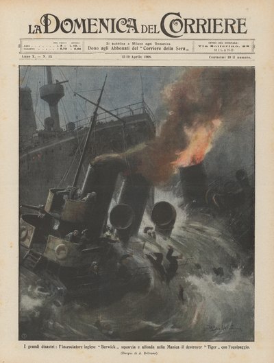 Les grandes catastrophes, le croiseur anglais Berwick éventre et coule le destroyer dans la Manche - Achille Beltrame