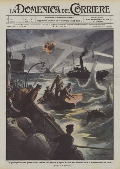 Les grands dangers de la guerre navale, marins travaillant à enlever les mines des Dardanelles - Achille Beltrame