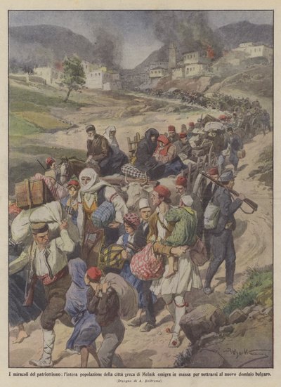 Les miracles du patriotisme, toute la population de la ville grecque de Melnik émigre en masse - Achille Beltrame
