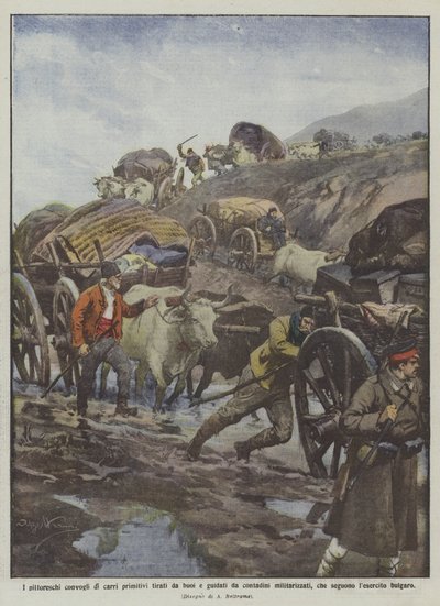 Les pittoresques convois de chariots primitifs tirés par des bœufs et guidés par des paysans militarisés - Achille Beltrame