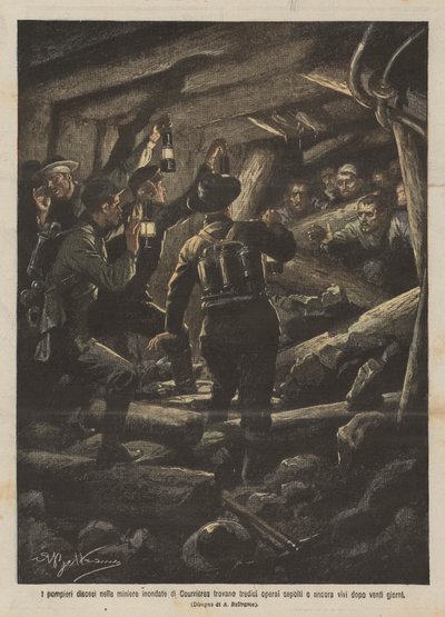 Les pompiers descendus dans les mines inondées de Courrières trouvent treize ouvriers enterrés et encore vivants - Achille Beltrame