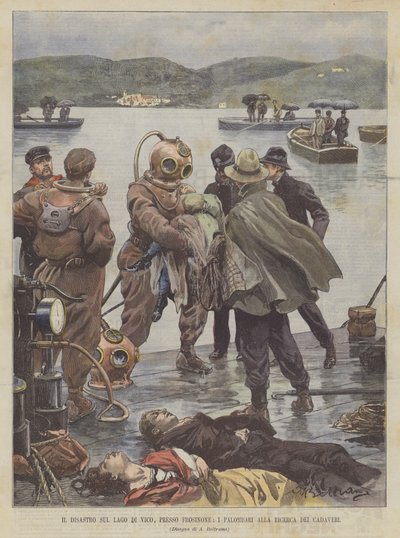 Le désastre sur le lac de Vico, près de Frosinone, les plongeurs à la recherche des cadavres - Achille Beltrame