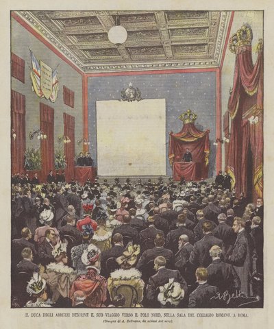 Le duc des Abruzzes décrit son voyage vers le pôle Nord, dans la salle du Collège Romain, à Rome - Achille Beltrame