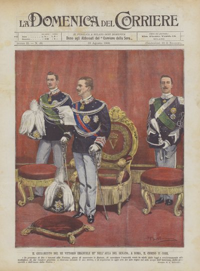 Le serment du roi Victor-Emmanuel III dans la salle du Sénat, à Rome, le 11 courant - Achille Beltrame