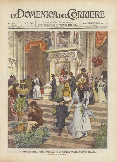 Le marché des palmes pascales sur les marches du Duomo de Milan - Achille Beltrame