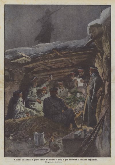 Noël des soldats en guerre dans les tranchées, dehors le gel, sous terre la constante trépidation - Achille Beltrame