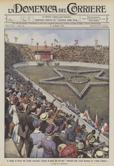 Le Noël de Rome au Stade national, devant la tribune des Souverains, les enfants des écoles - Achille Beltrame
