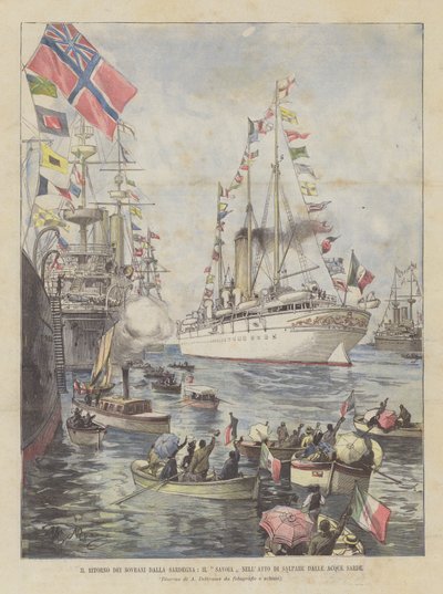 Le retour des souverains de Sardaigne, le Savoia prêt à appareiller des eaux sardes - Achille Beltrame