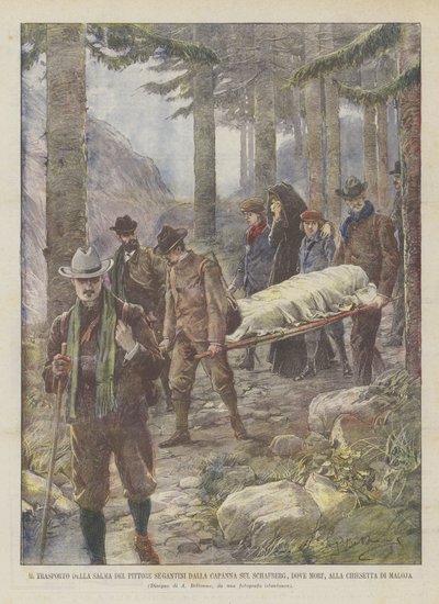 Le transport de la dépouille du peintre Segantini de la cabane sur le Schafberg, où il est mort, à la chapelle de Maloja - Achille Beltrame