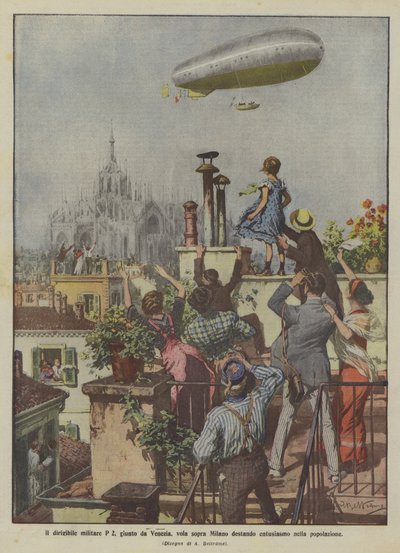 Le dirigeable militaire P 2, arrivé de Venise, survole Milan suscitant l
