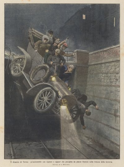 La catastrophe de Turin, une automobile avec des dames et des messieurs qui tombe de la place Statuto - Achille Beltrame