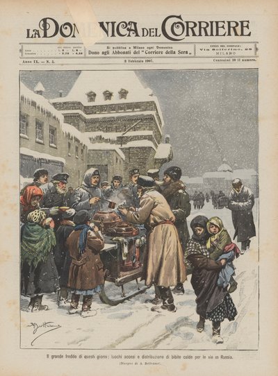 Le grand froid de ces jours-ci, feux allumés et distribution de boissons chaudes dans les rues en Russie - Achille Beltrame