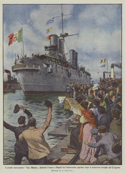 Le grand croiseur San Giorgio reprend la mer à Naples parmi l