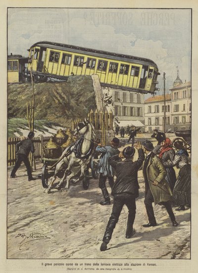 Le grave danger couru par un train de la voie ferrée électrique à la gare de Varèse - Achille Beltrame