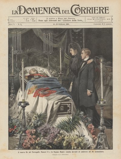 Le nouveau roi du Portugal Manuel II et la reine mère Amélie devant le cadavre du roi assassiné - Achille Beltrame