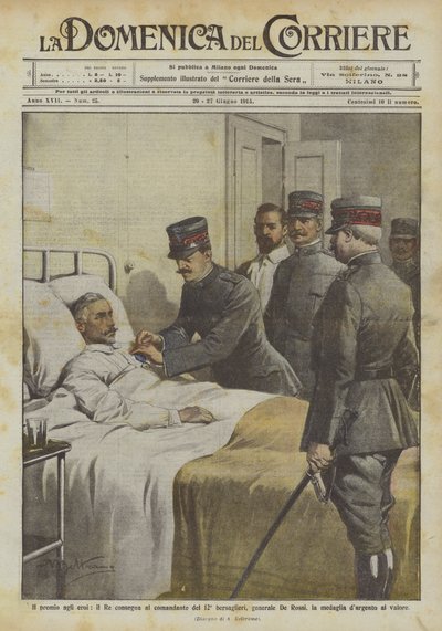 La récompense aux héros, le Roi remet au commandant du 12e bersaglieri, le général De Rossi - Achille Beltrame