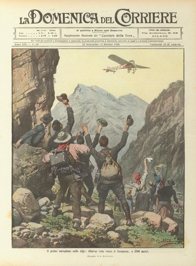 Le premier avion sur les Alpes, Chavez vole vers le Simplon, à 2500 mètres - Achille Beltrame