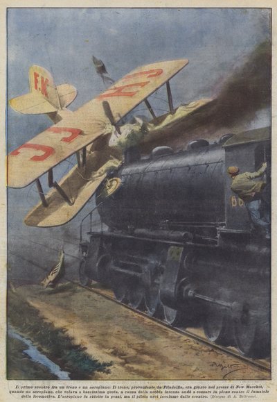 Le premier affrontement entre un train et un avion - Achille Beltrame