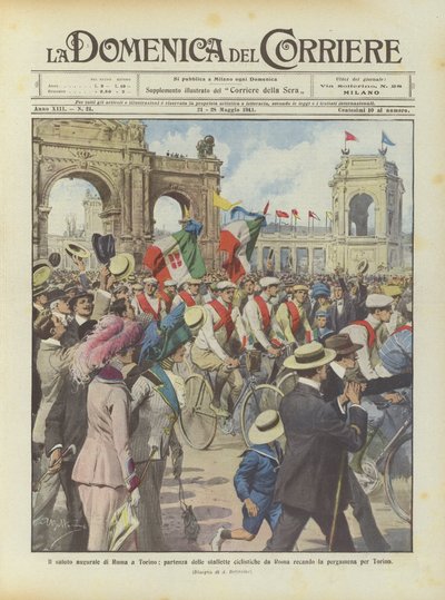 Le salut de Rome à Turin, départ des relais cyclistes de Rome portant le parchemin pour Turin - Achille Beltrame