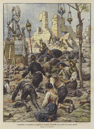 Le tremblement de terre en Calabre, les prières communes en plein air sur les ruines des villages détruits - Achille Beltrame