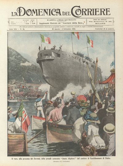 Le lancement, en présence des souverains, du grand cuirassé Dante Alighieri du chantier de Castellammare di Stabia - Achille Beltrame
