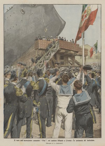 Le lancement du croiseur cuirassé Pisa, dans le chantier Orlando à Livourne, la cérémonie de baptême - Achille Beltrame