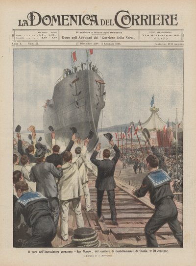 Le lancement du croiseur cuirassé San Marco du chantier de Castellammare di Stabia, le 20 courant - Achille Beltrame