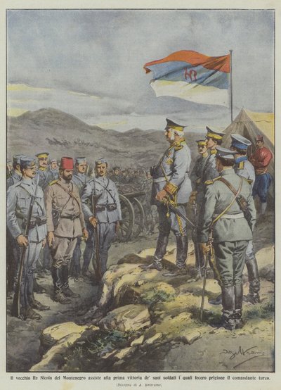 Le vieux roi Nicolas du Monténégro assiste à la première victoire de ses soldats qui ont... - Achille Beltrame