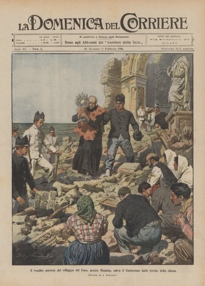 Le vieux curé du village de Faro, près de Messine, sauve le Saint-Sacrement des ruines de l
