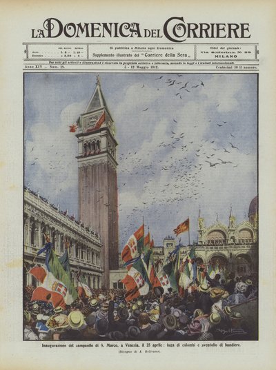 Inauguration du clocher de Saint-Marc, à Venise, le 25 avril, envol de colombes et flottement de drapeaux - Achille Beltrame