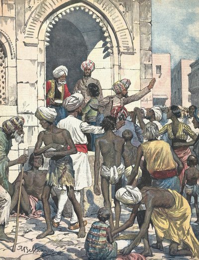 Inde. La sécheresse provoque des épidémies. Distribution de nourriture. Illustré par Antonio Beltrame. "La domenica del Corriere". 26 février - Achille Beltrame