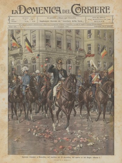 Entrée triomphale à Bruxelles du nouveau roi des Belges Albert I le matin du 23 décembre - Achille Beltrame